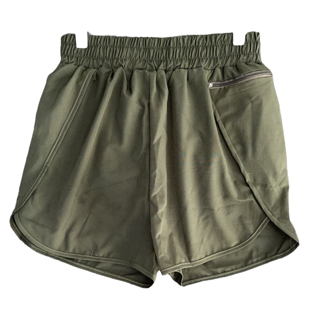 Olive Dark Green Satin Shorts with Zipper Pocket Elastic Waist band